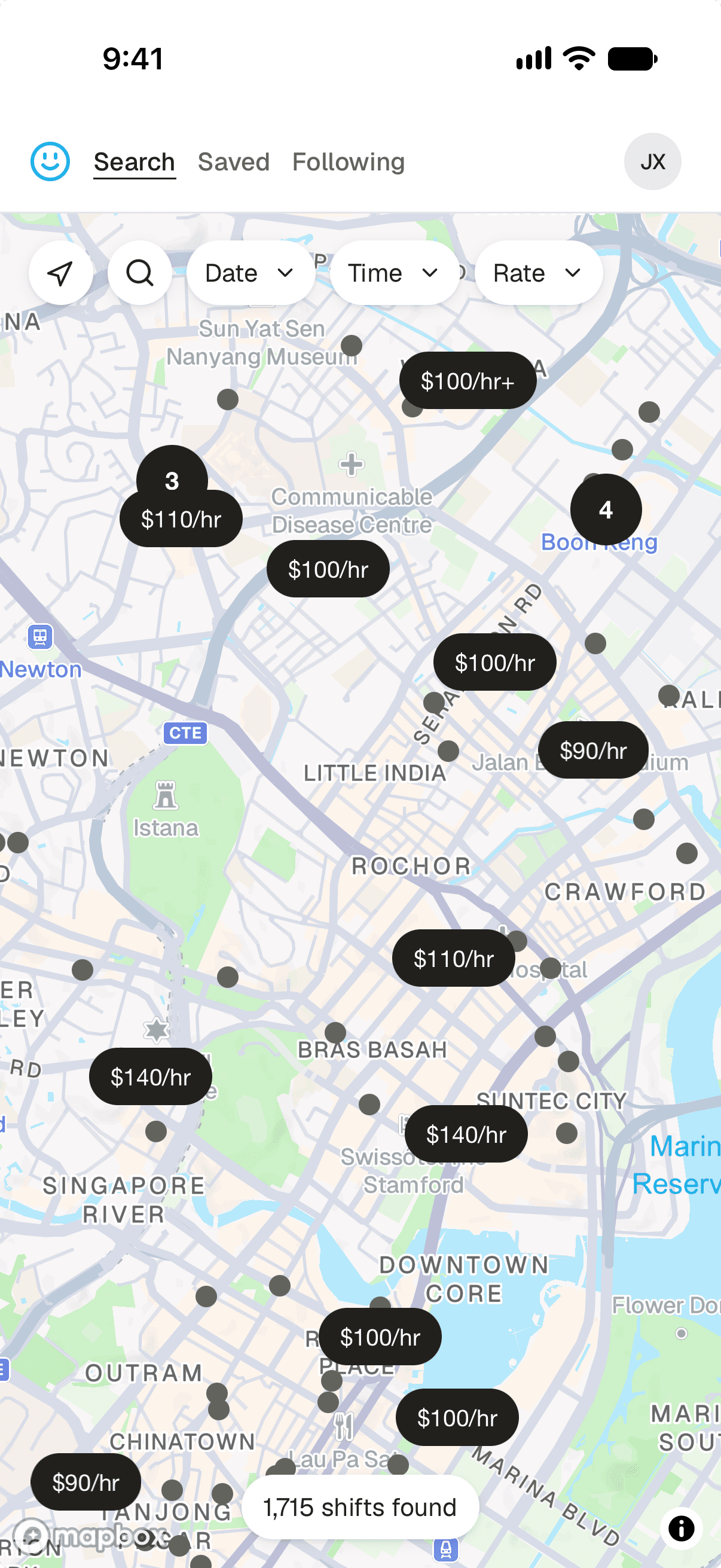 OpenLocum shift map showing hourly rates across Singapore